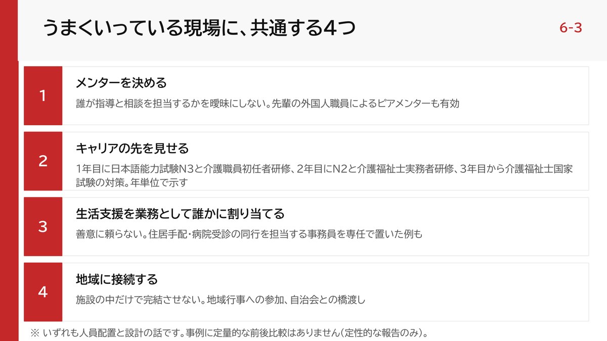 当日の資料「うまくいっている現場に、共通する4つ」。メンターを決める、キャリアの先を見せる、生活支援を業務として割り当てる、地域に接続する