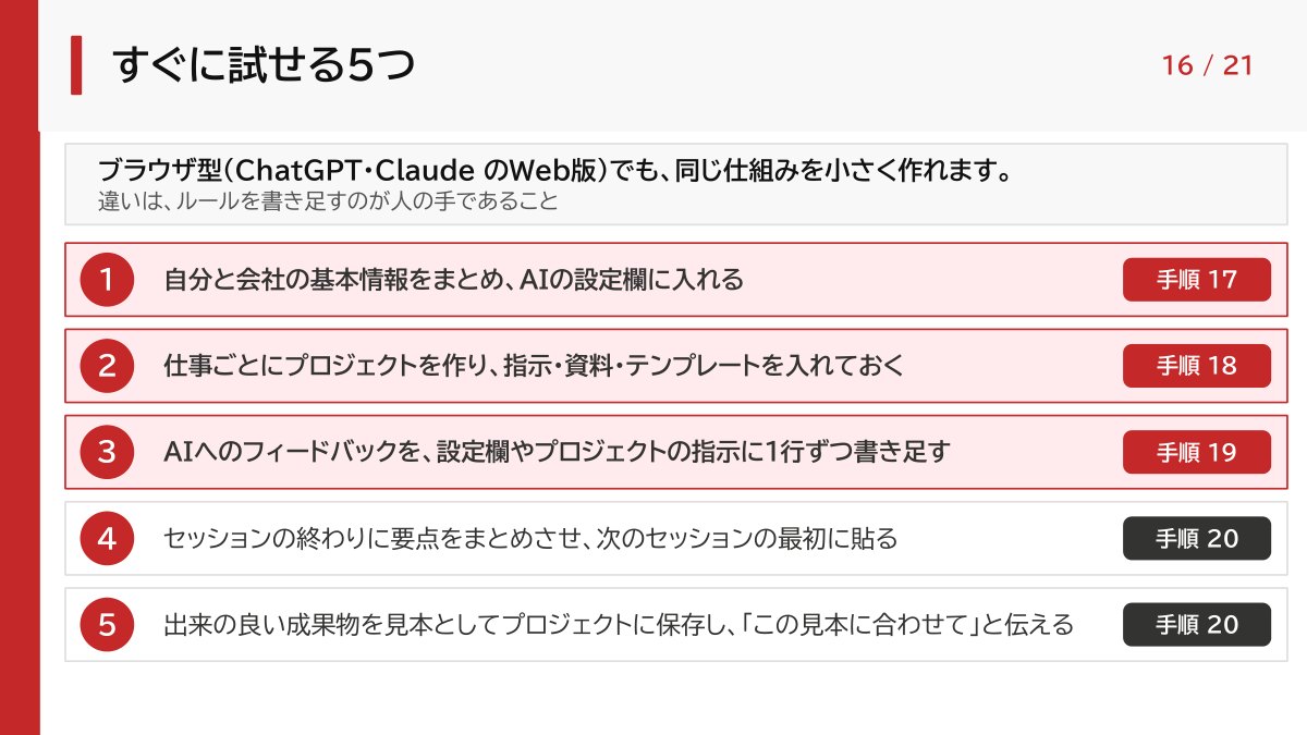 当日の資料「すぐに試せる5つ」。ブラウザ型のAIでも作れる5つの工夫の一覧